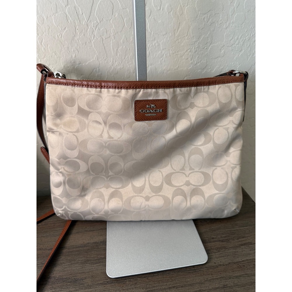 Coach Signature C Jacquard Crossbody Bag Beige Brown Leather Trim Messenger